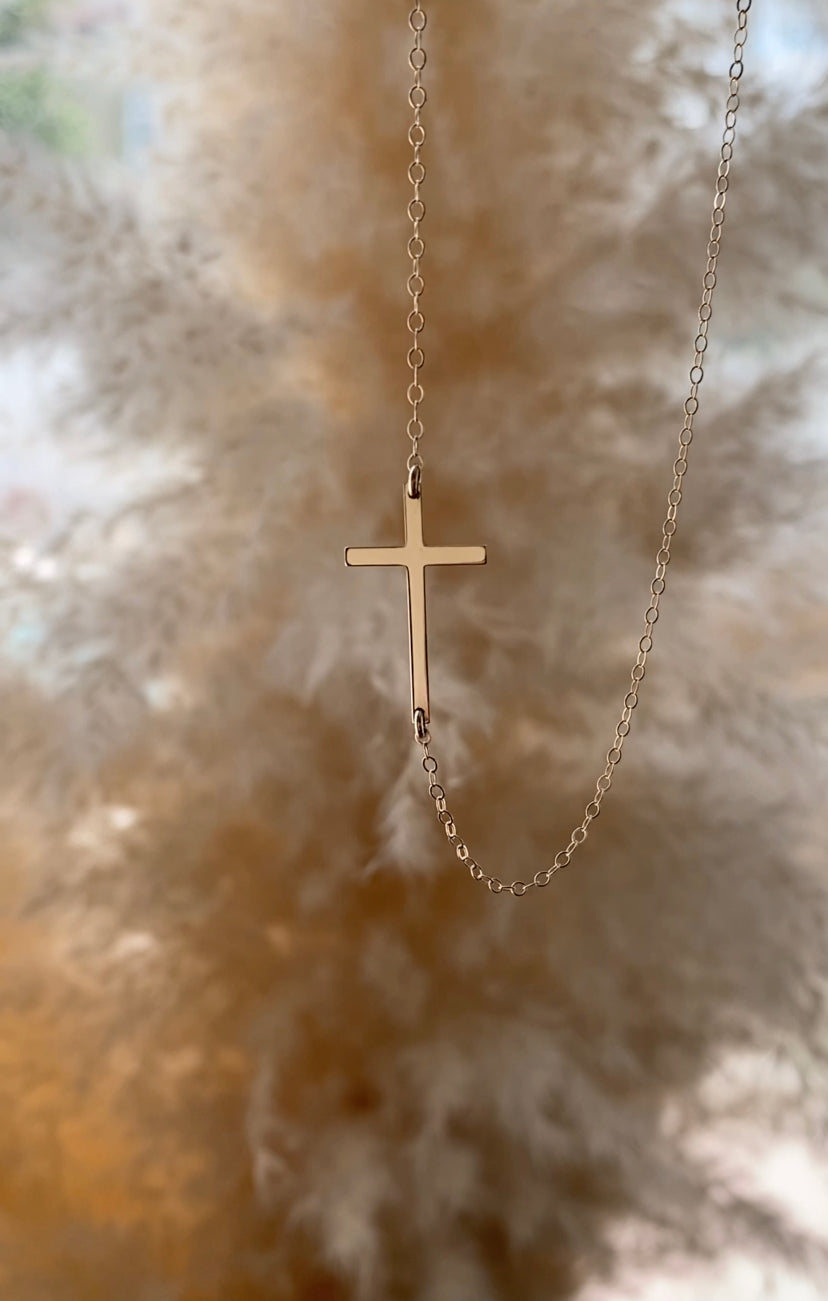 14K Small Sideways Cross Necklace